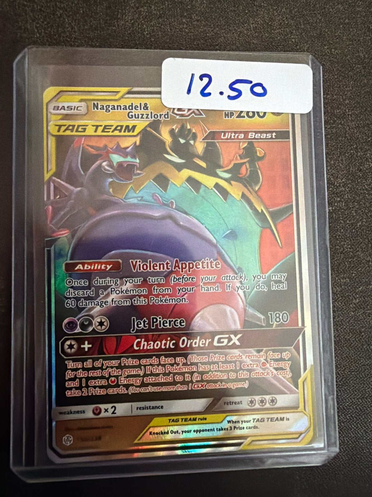 Pokémon Kaart: Naganadel & Guzzlord GX TAG TEAM, Ophalen of Verzenden, Zo goed als nieuw, Losse kaart