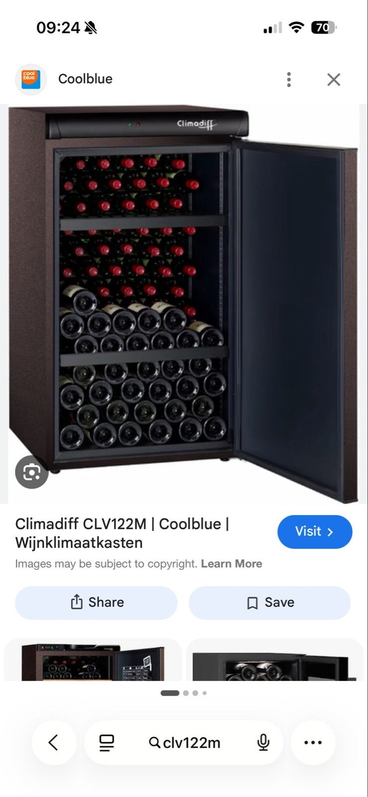 Climadiff CLV122M Wijnklimaatkast - 120 flessen, Ophalen, Gebruikt, 25 flessen of meer, 75 – 100