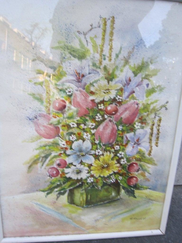 Schilderijtje v/e Bloemstukje in een groen bakje TH Struik, Ophalen