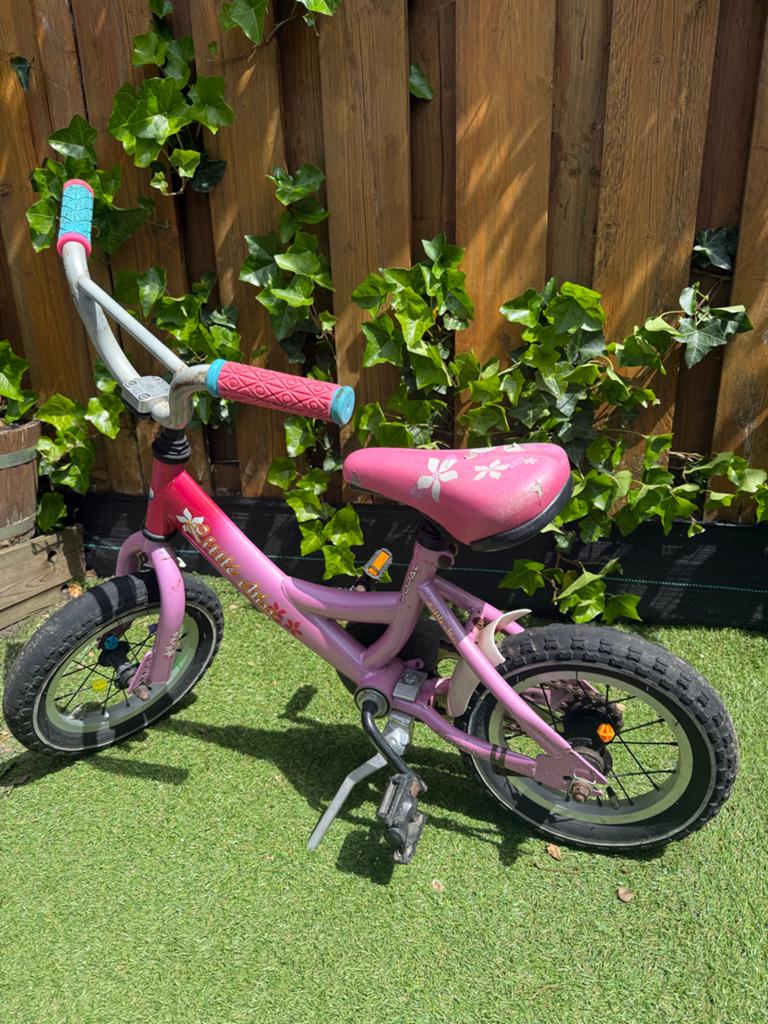 Roze kinderfiets met bloemenprint - Gebruikt, Ophalen, Gebruikt, Terugtraprem, Minder dan 16 inch