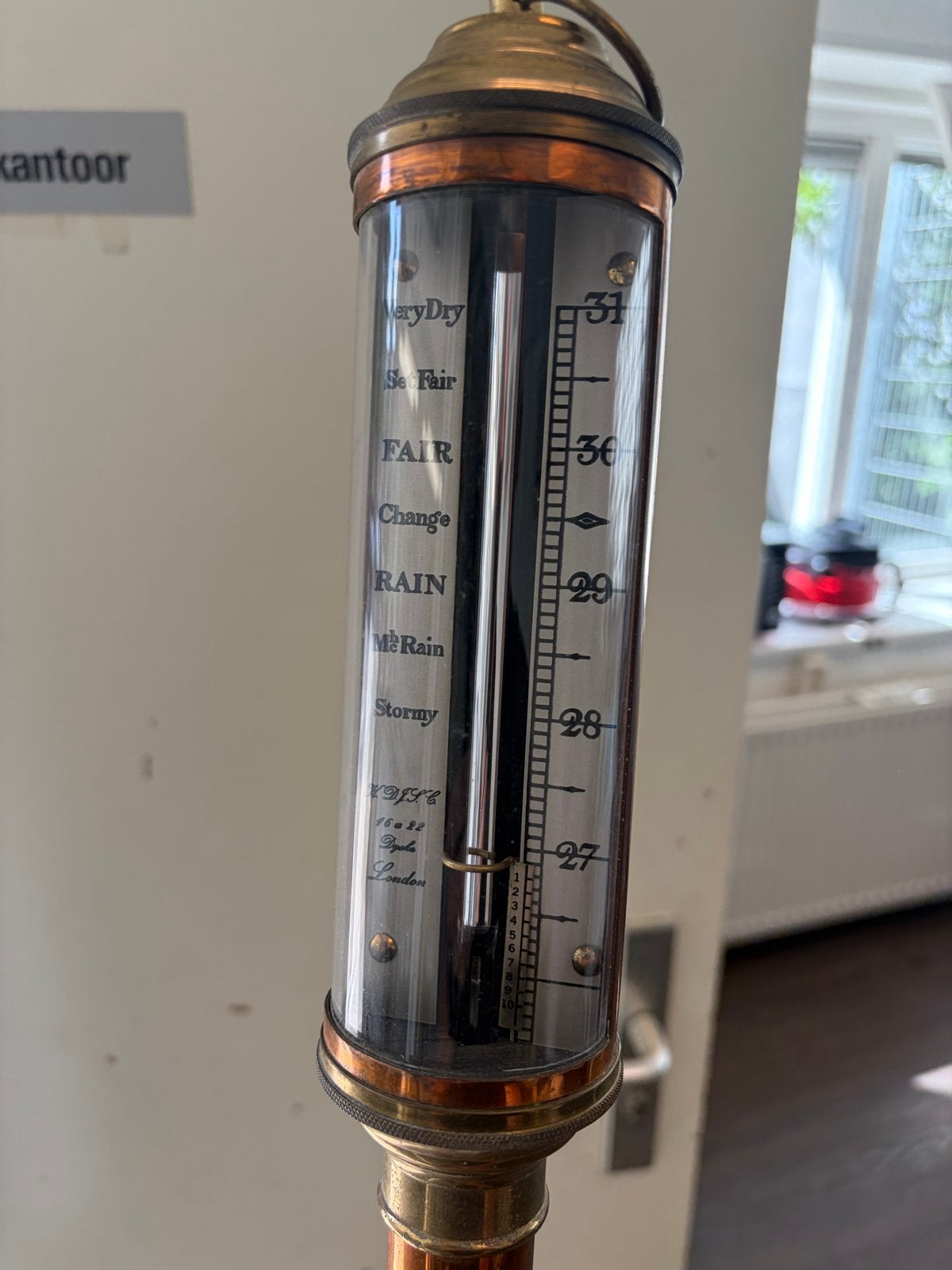 Antieke koperen barometer - VEEFY & Co London, Audio, Tv en Foto, Weerstations en Barometers, Ophalen, Gebruikt, Barometer