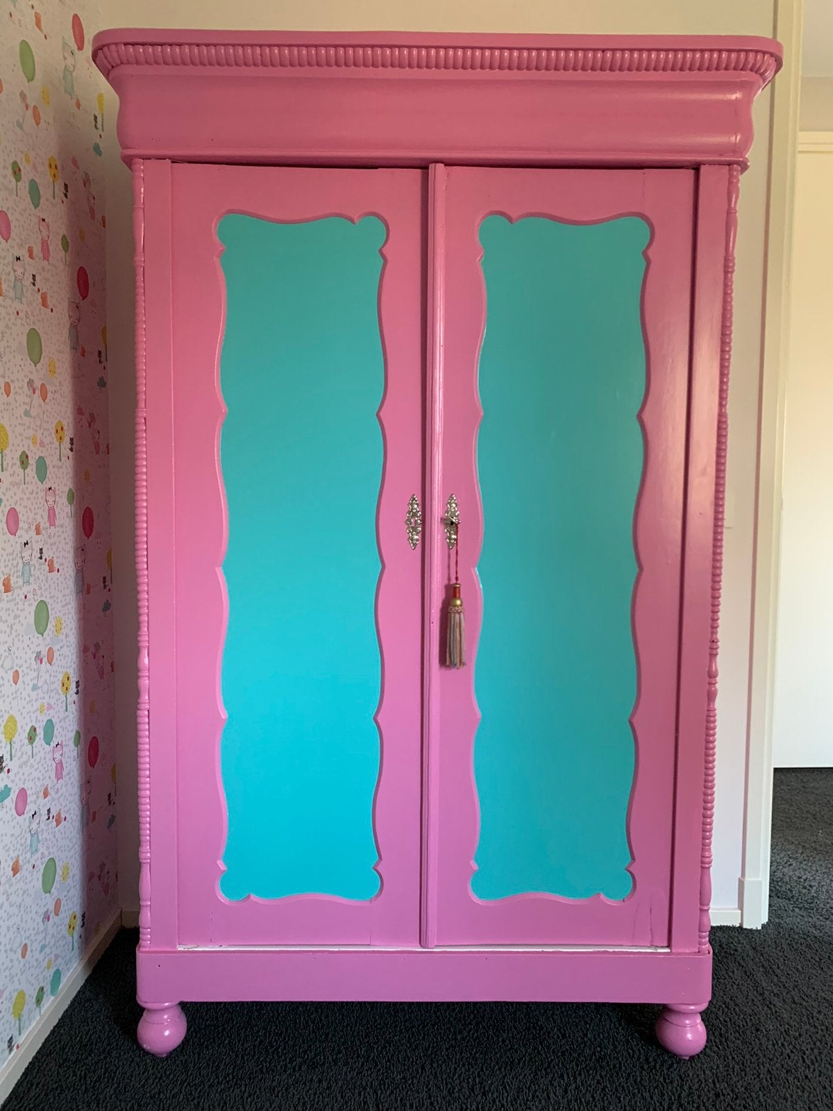 Brocante kledingkast roze blauw 57x122x188, Gebruikt, 100 tot 150 cm, 150 tot 200 cm, Brocante
