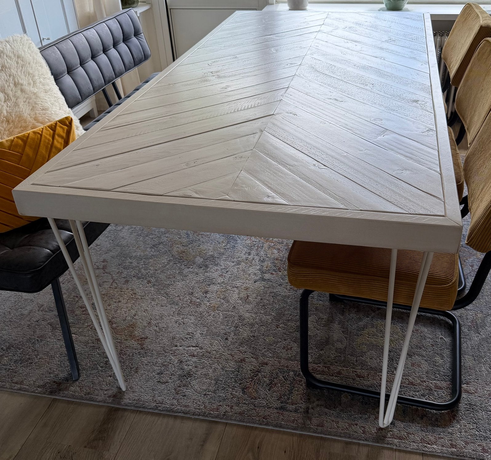 Witte houte eettafel Woodville 1 x 2 m 6 pers hongaarsepunt, Ophalen, 200 cm of meer, 50 tot 100 cm, Zo goed als nieuw