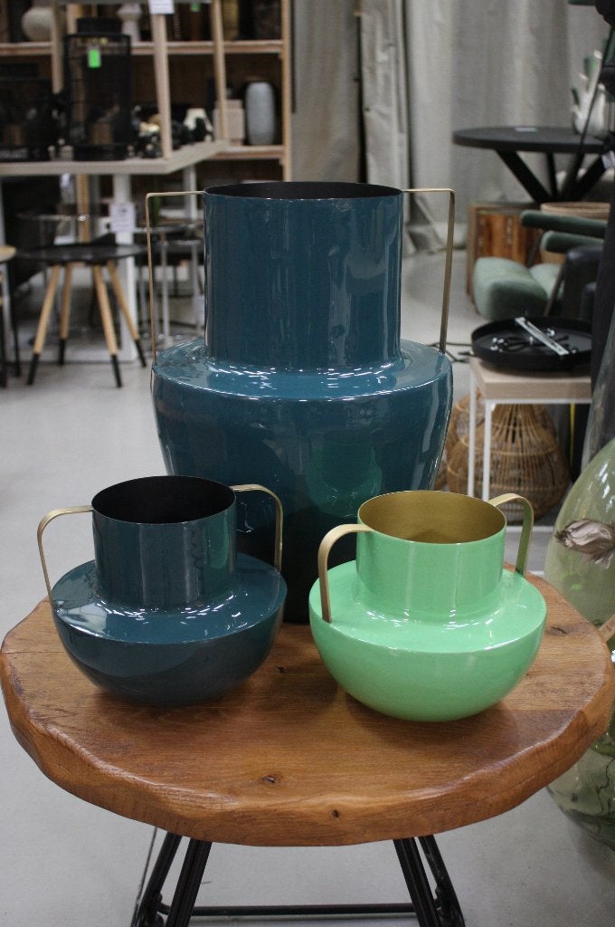 3 x hippe vaas SUNJIA metaal blauw mint-groen Light & Living, Huis en Inrichting, Ophalen of Verzenden, Zo goed als nieuw, Metaal