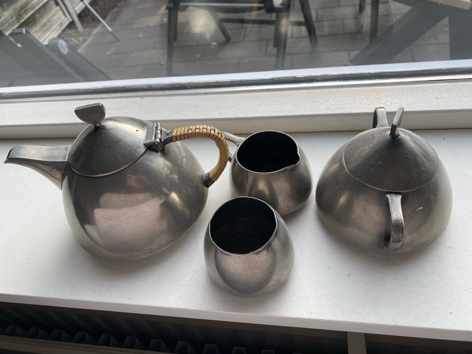 Vintage tinnen theeservies (theepot, suikerpot, melkkan), Antiek en Kunst, Ophalen of Verzenden
