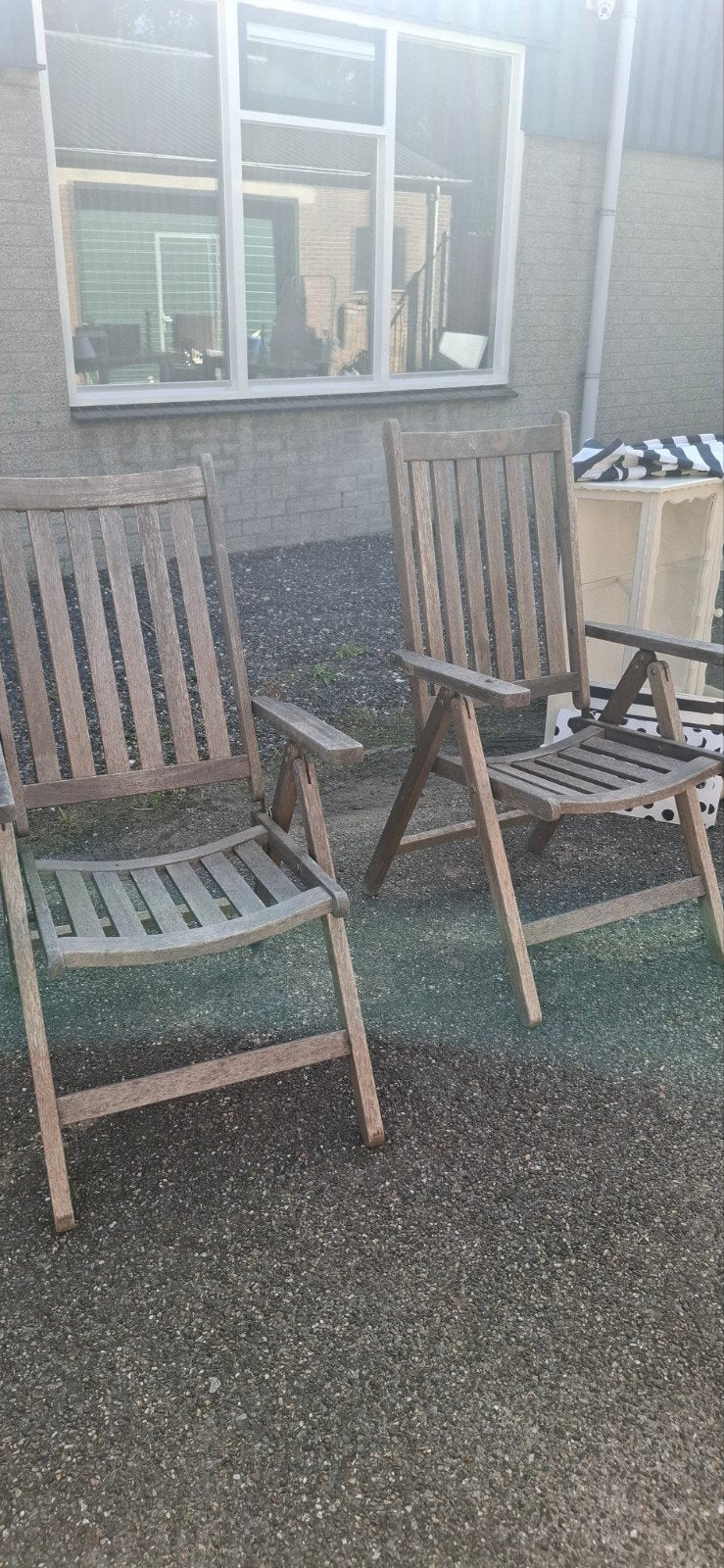 2 Houten Tuinstoelen - Inklapbaar en Verstelbaar, Tuin en Terras, Ophalen of Verzenden, Gebruikt, Hout, Verstelbaar