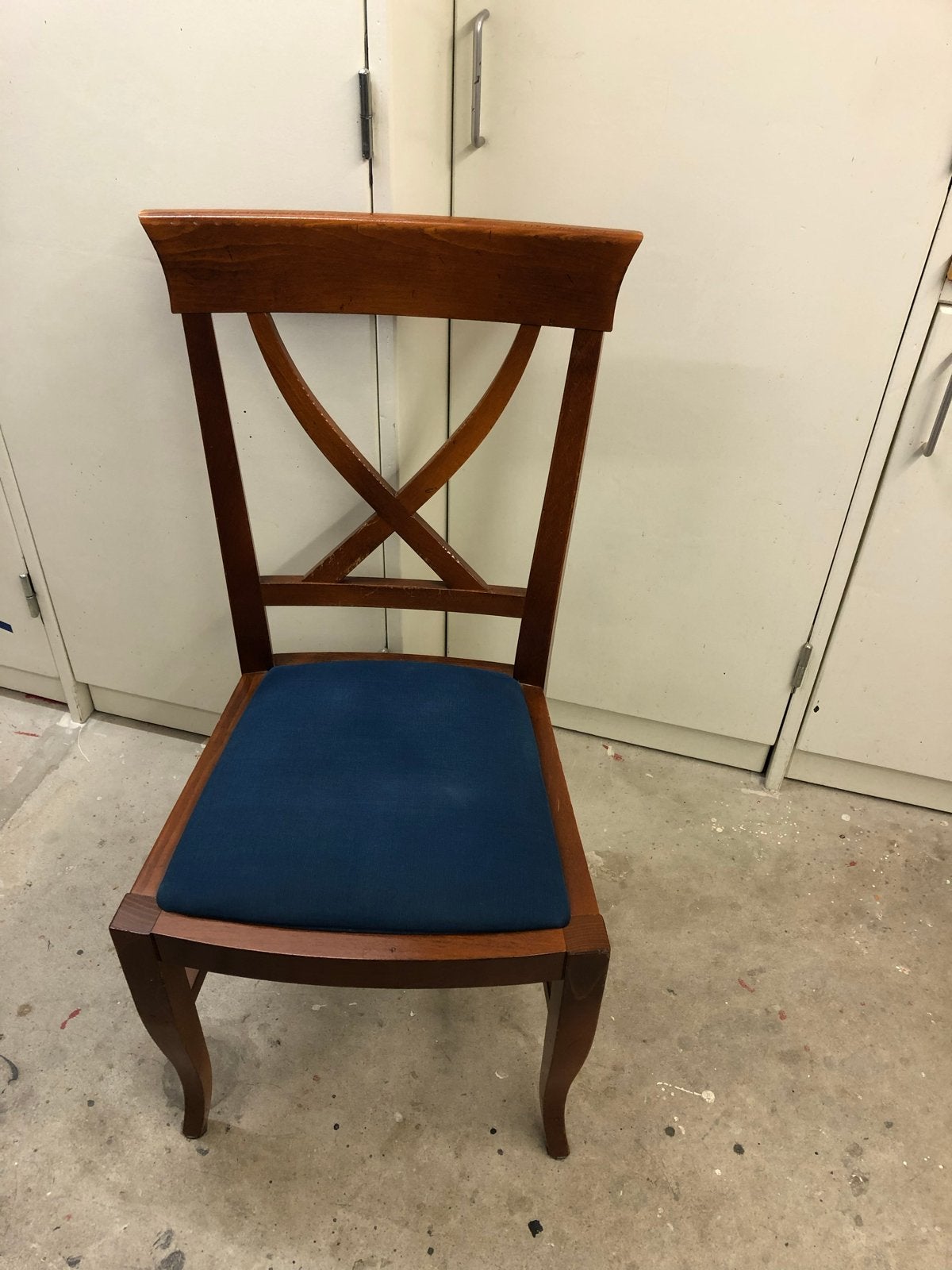 Set van 6 klassieke eetkamerstoelen met blauwe zitting, Ophalen