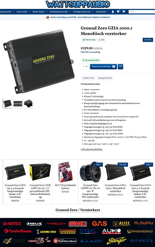 Ground Zero GZIA 1000.1 Monoblok versterker 1250WRMS, Erlenweg 25, 85658 Egmating, Germany, Nieuw, https://www.ground-zero-audio.com/en/support-en/contact-page/