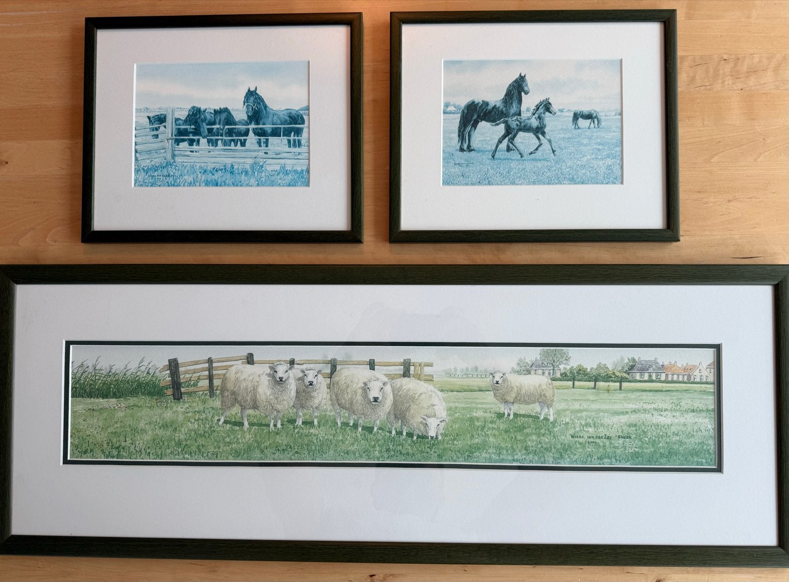 Aquarel Wiebe van der Zee "Sneek" met 5 schapen + 2 paarden, Ophalen, Tekening, Aquarel, Ingelijst