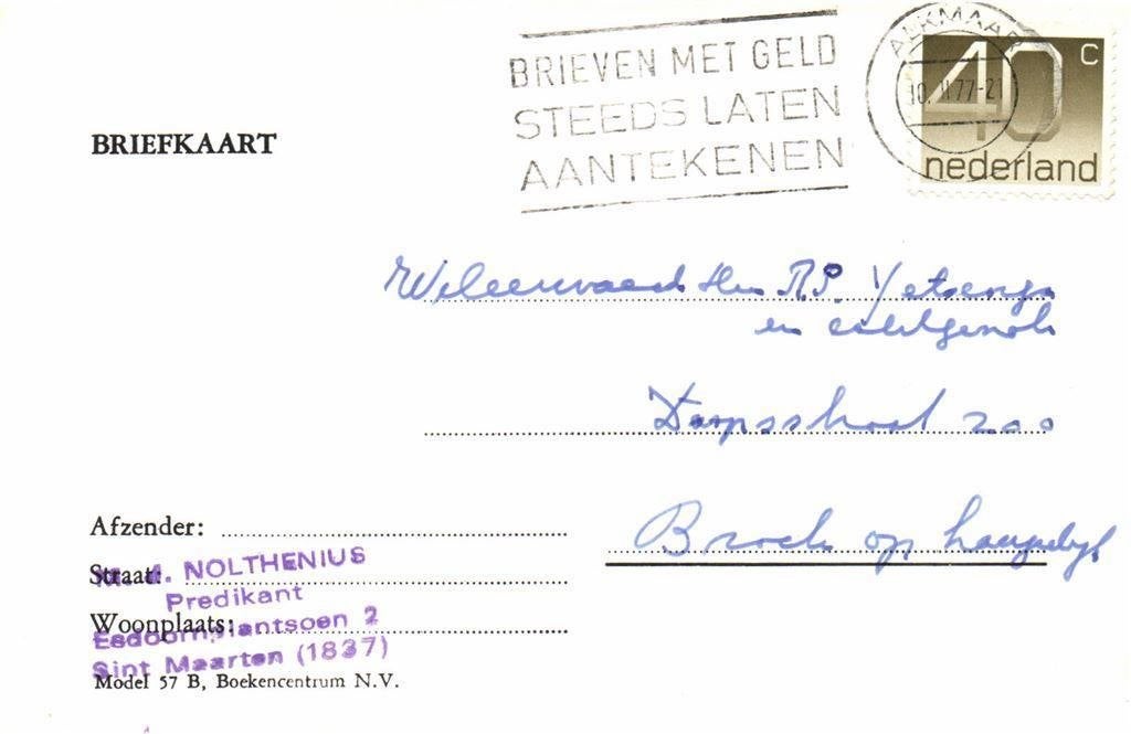 Nolthenius, Predikant, Sint Maarten - 02.1977 - briefkaart, Ophalen of Verzenden, Briefkaart