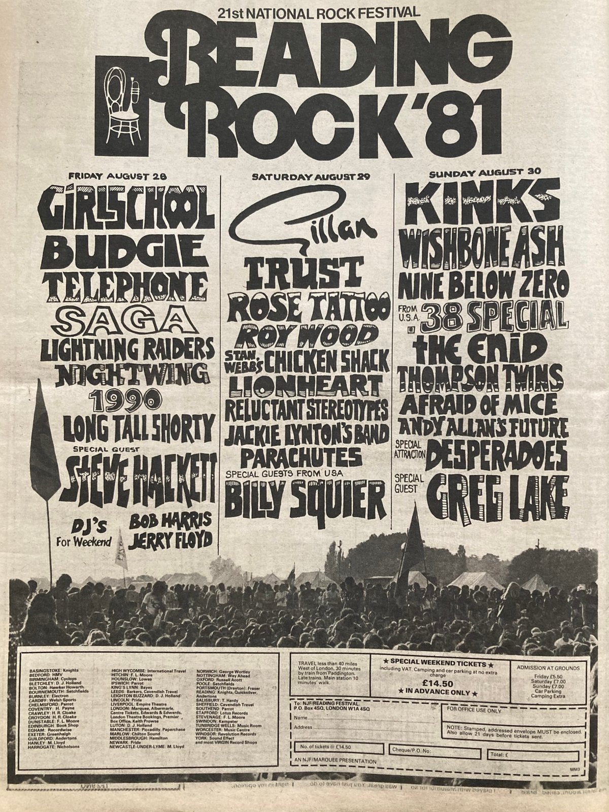 Paginagrote A3 advertentie READING ROCK 1981 Festival KINKS, Ophalen of Verzenden, Zo goed als nieuw