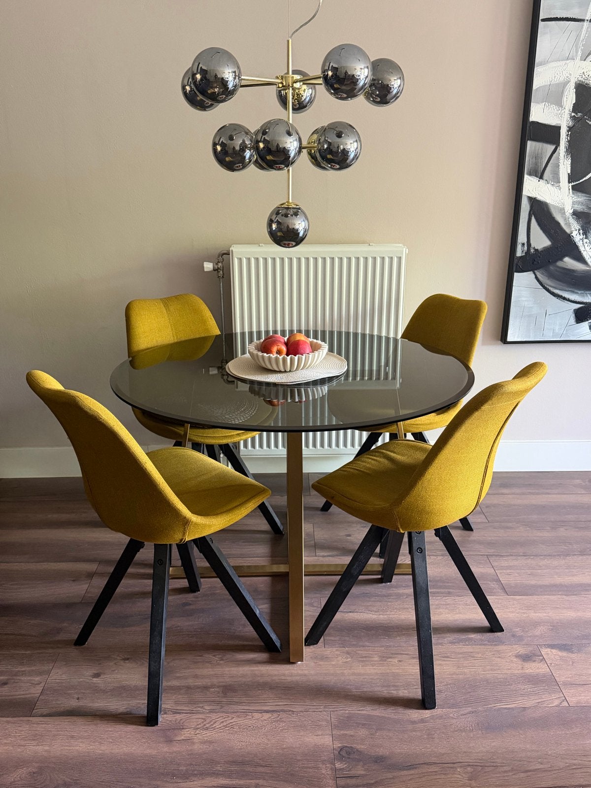 Ronde rookglazen eettafel (110) met gouden onderstel, Ophalen, Gebruikt, 100 tot 150 cm, Rond