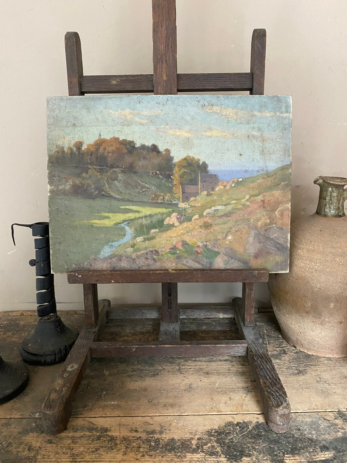 Antiek frans schilderij, landschap met huis, Ophalen of Verzenden