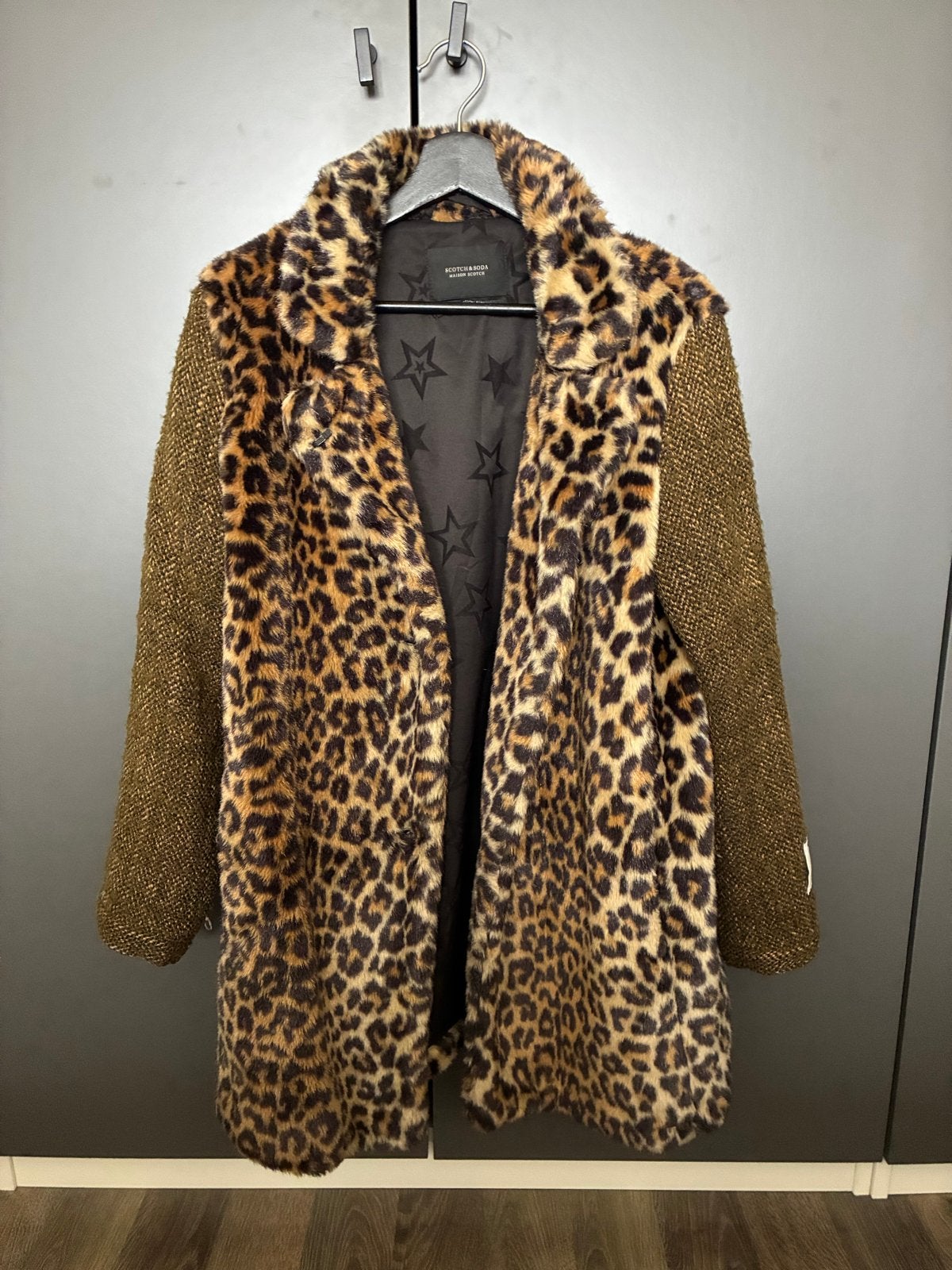 Scotch & Soda Leopard Faux Fur Jas met Tweed Mouwen, Ophalen of Verzenden, Zo goed als nieuw, Maat 36 (S), Bruin