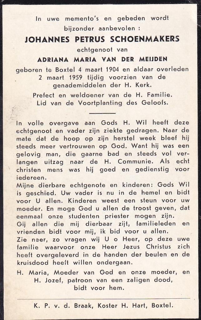 Schoenmakers Johannes 1904 Boxtel 1959, Ophalen of Verzenden, Bidprentje