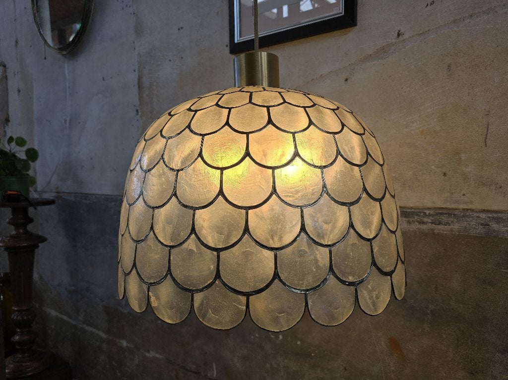 XL Mid Century Design Hanglamp | Vintage Lamp Capiz Schelpen, Gebruikt, Vintage Mid Century Design BOHO, Metaal, E27 (groot)