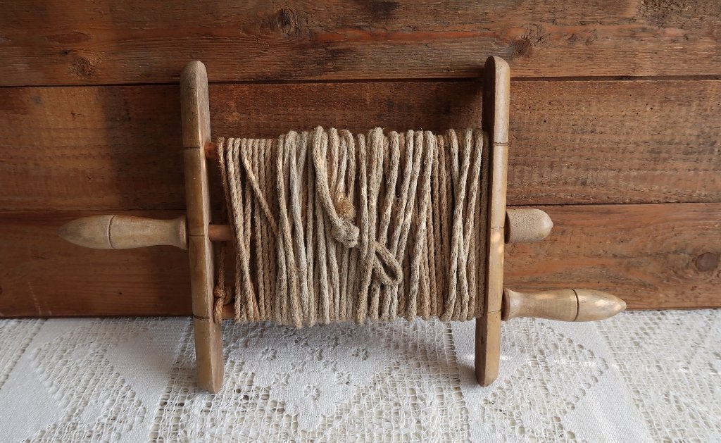 Vintage houten haspel met touw - antieke waslijn., Ophalen of Verzenden