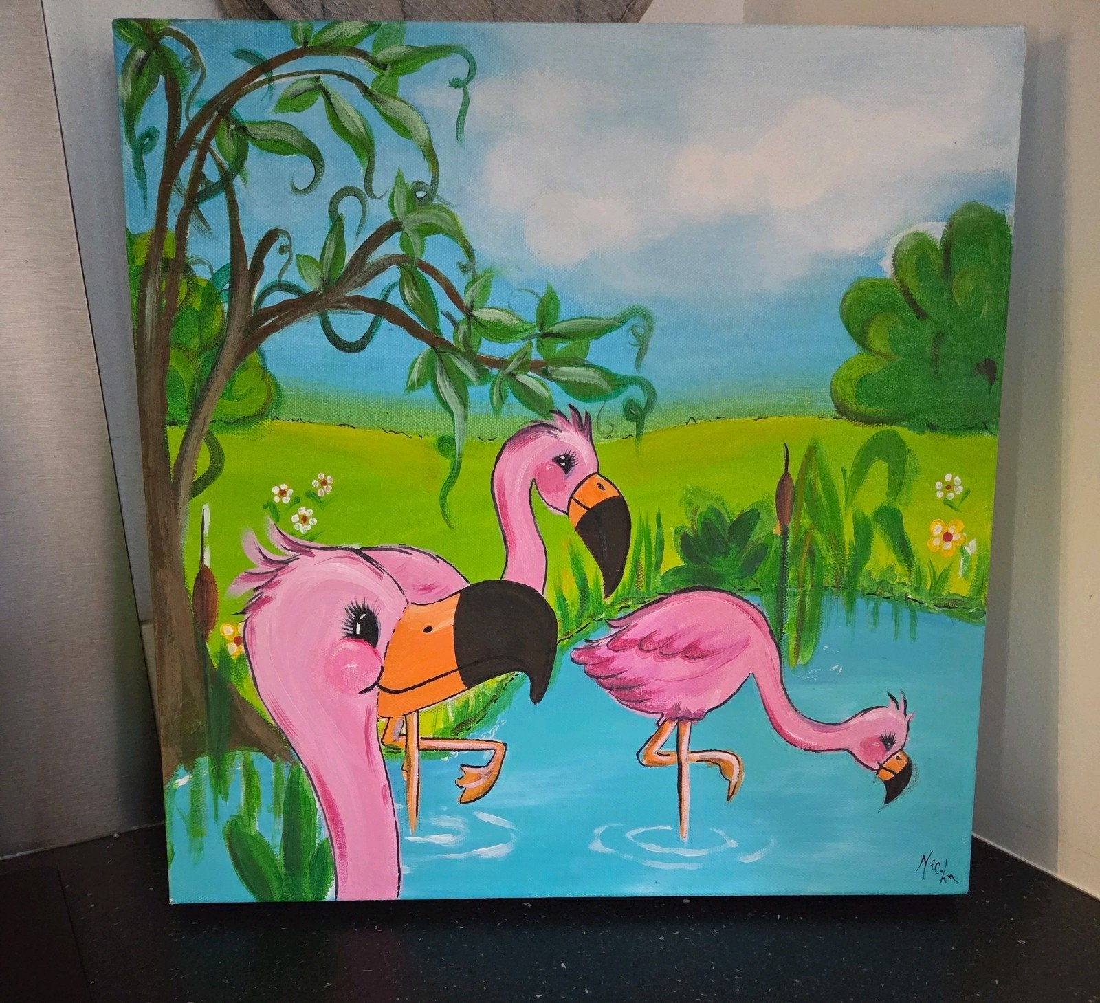Schilderij met Flamingo's 40x40cm, Overige merken, Ophalen of Verzenden, Zo goed als nieuw, Wanddecoratie