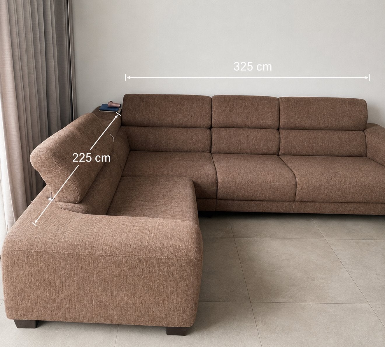Comfortabele bruine hoekbank - 325x225 cm, Ophalen, Gebruikt, Stof