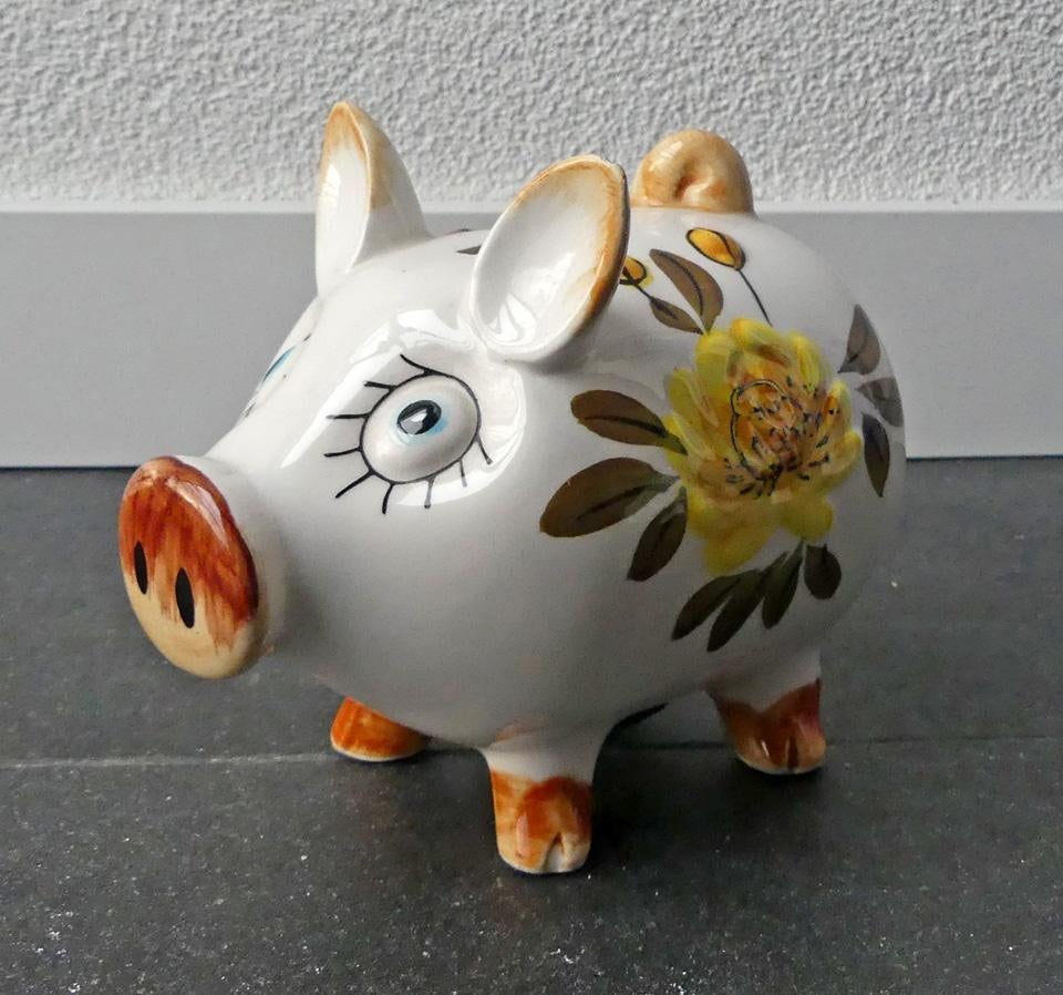 Japans vintage spaarvarken wit met bloemen made in Japan, Verzamelen, Spaarpotten, Ophalen of Verzenden, Gebruikt, Steen, Aardewerk of Keramiek