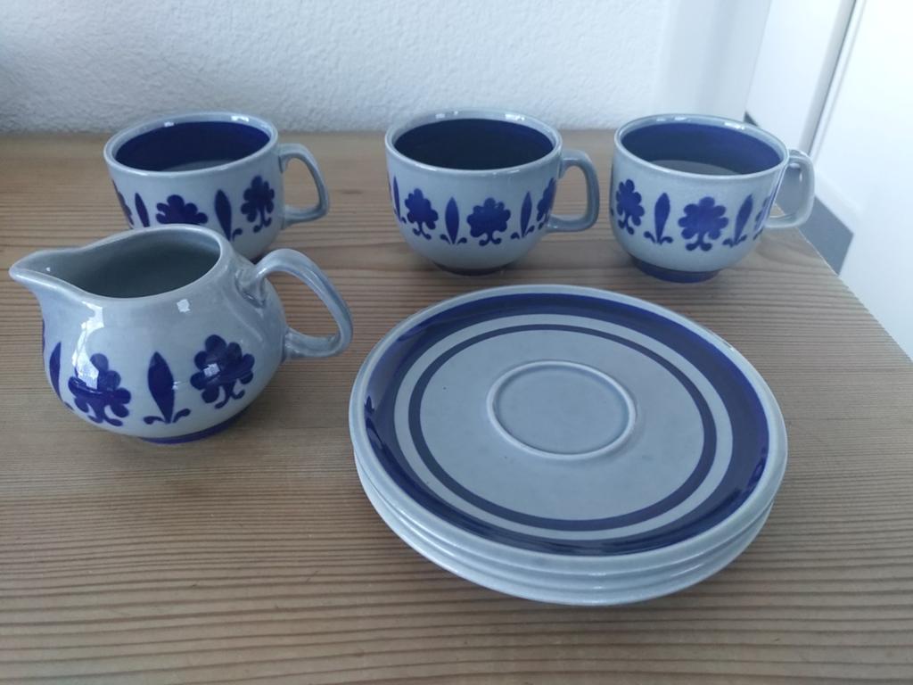 Boch Belgium Baltic, 3 kop en schotel, melkkan netje., Ophalen of Verzenden