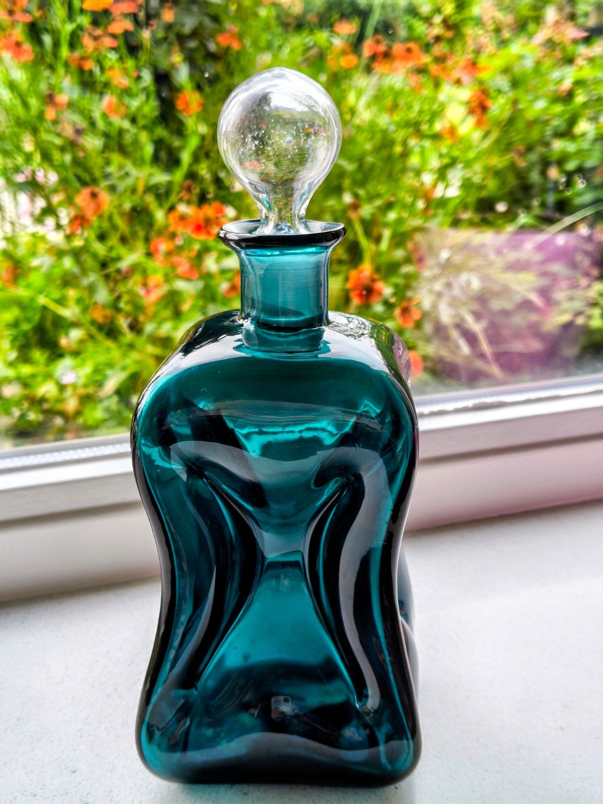 Deense vintage glazen Klukkluk karaf petrolgroen Holmegaard, Antiek en Kunst, Antiek | Glas en Kristal, Ophalen of Verzenden