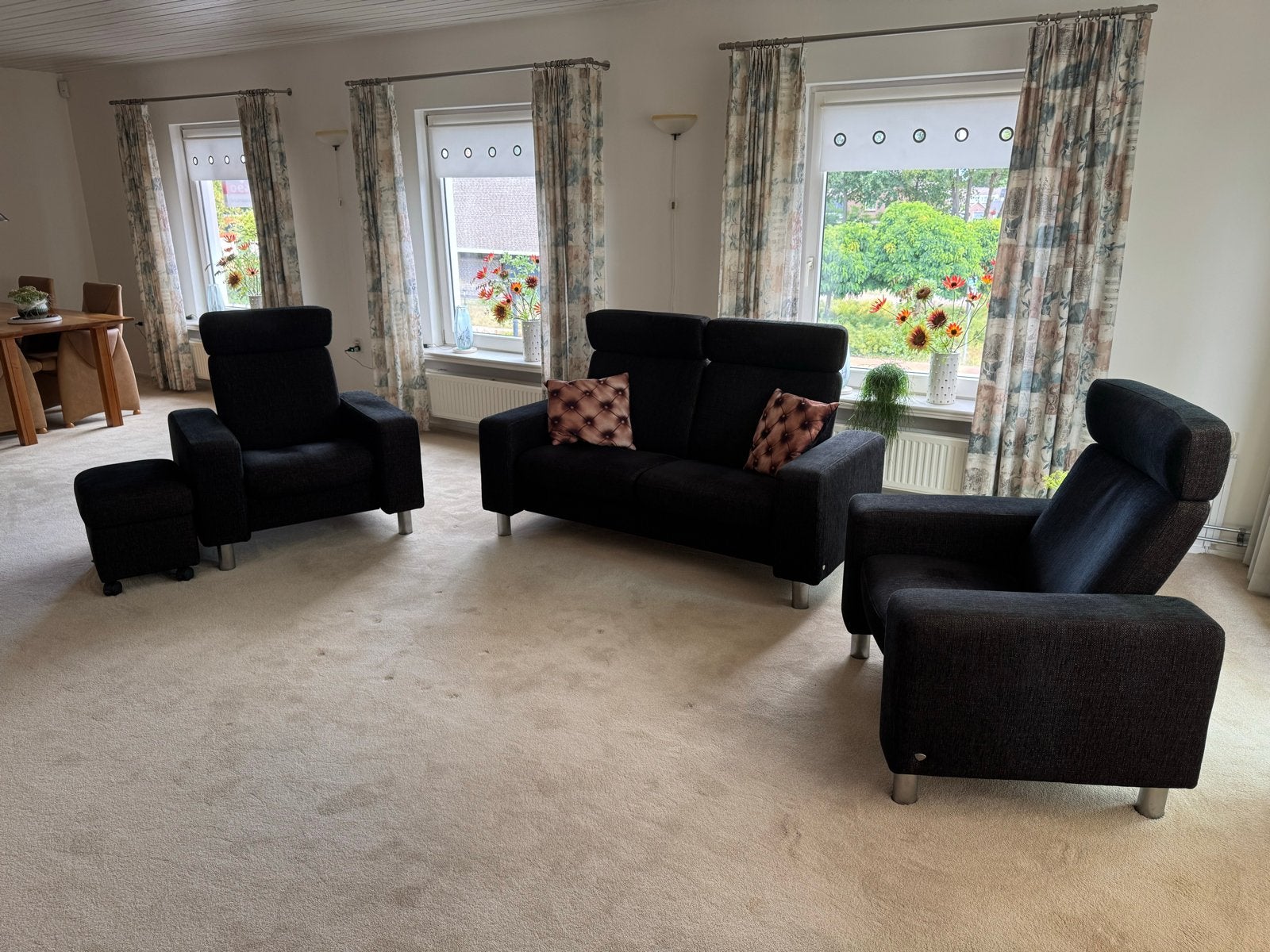Stressless bank met fauteuils en voetenbank - Zwart stof, Ophalen, Gebruikt, Stof, Stressless