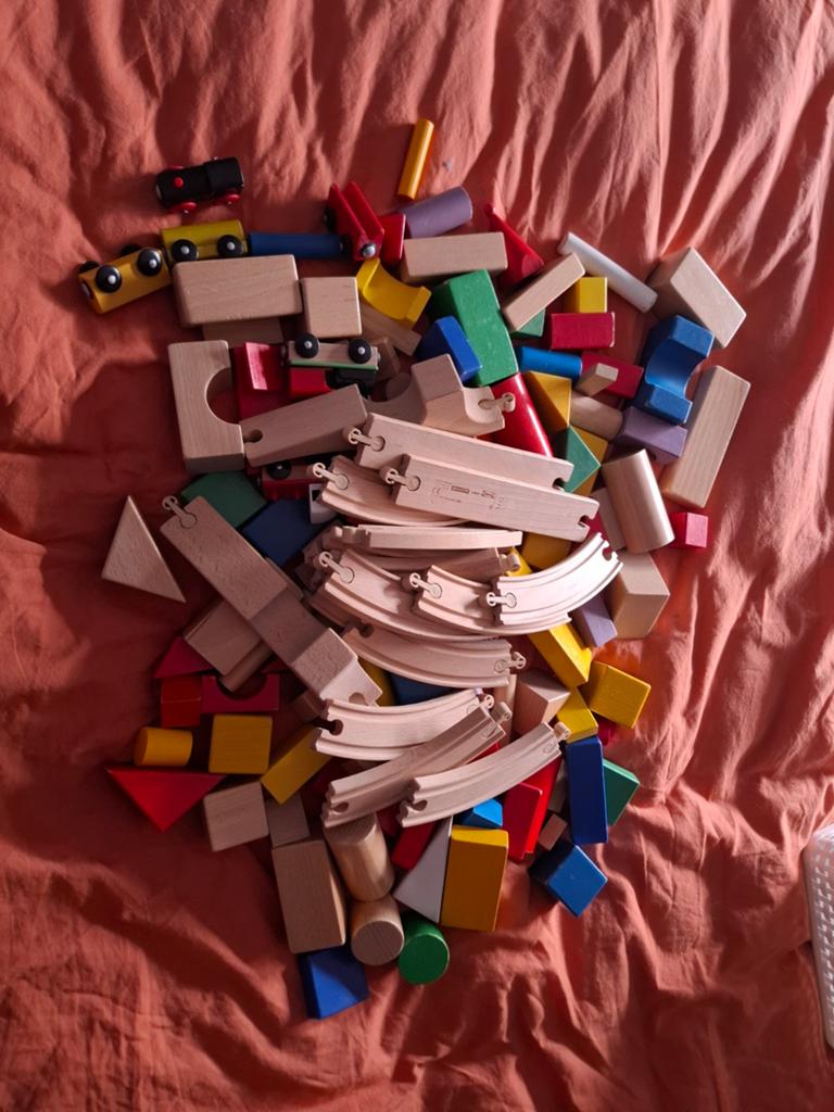 Houten treinbaan met blokken, Ophalen of Verzenden, Gebruikt, Overige merken