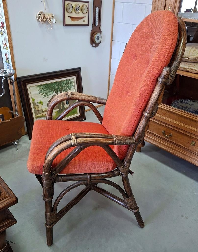 Manou stoel | vintage | rotan stoel met oranje kussens |, Ophalen, Gebruikt, Overige kleuren, Vintage