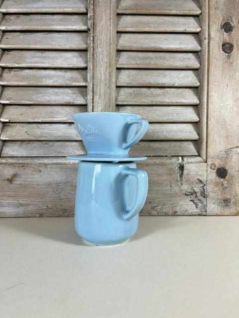 Melitta 100 lichtblauwe keramieken set van pot met filter, Verzamelen, Ophalen of Verzenden, Gebruikt