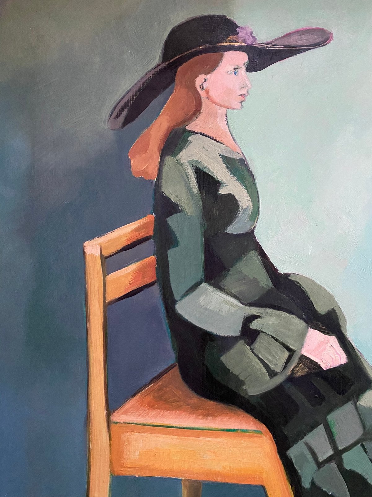 Dame in groene jurk - olieverf schilderij, Ophalen of Verzenden