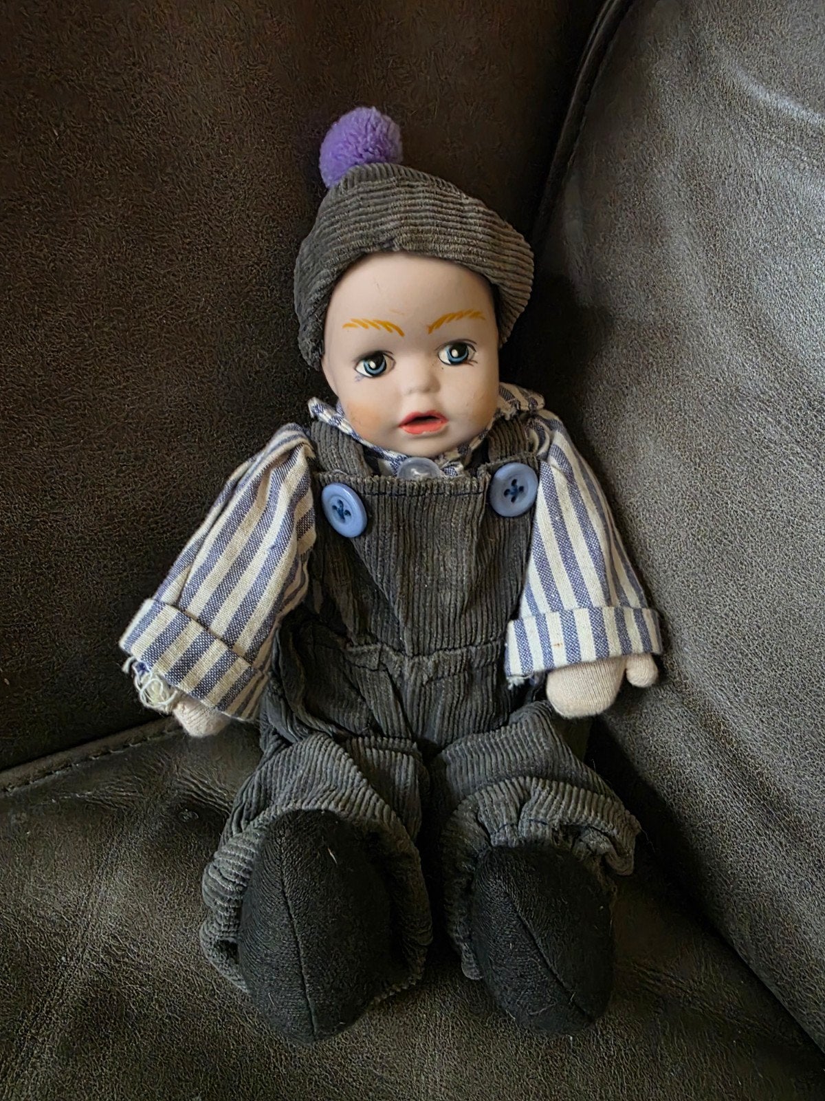 Vintage lappenpop met porseleinen hoodje, Ophalen of Verzenden, Gebruikt, Pop