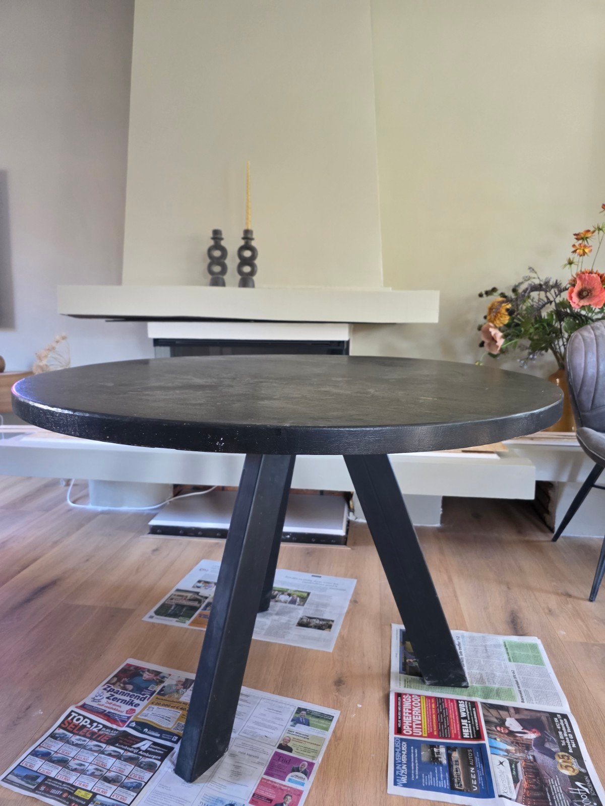 eiken eethoektafel met vier stoelen, Ophalen, Gebruikt, 100 tot 150 cm, Rond