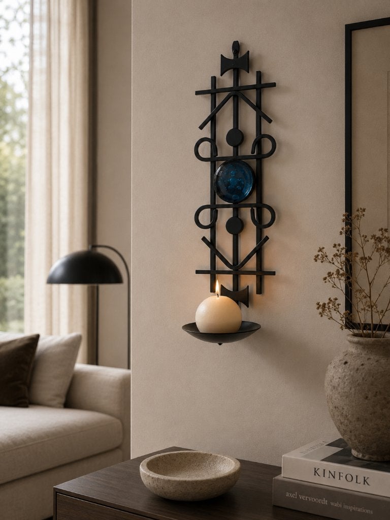 Deense Dantoft wandkandelaar zwart metaal met blauw accent, 41 cm, Ophalen of Verzenden, Zo goed als nieuw, Metaal