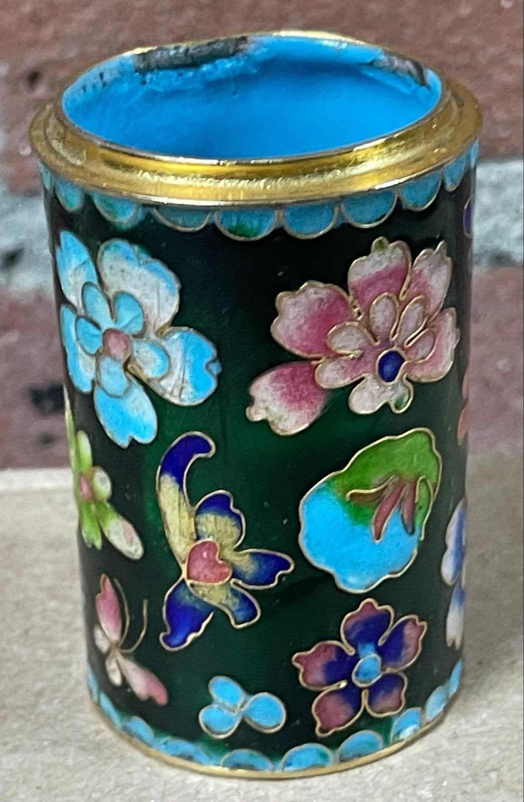 Cloisonné vaasje/penhouder met bloemmotief, 10,5 cm, Antiek en Kunst, Ophalen of Verzenden