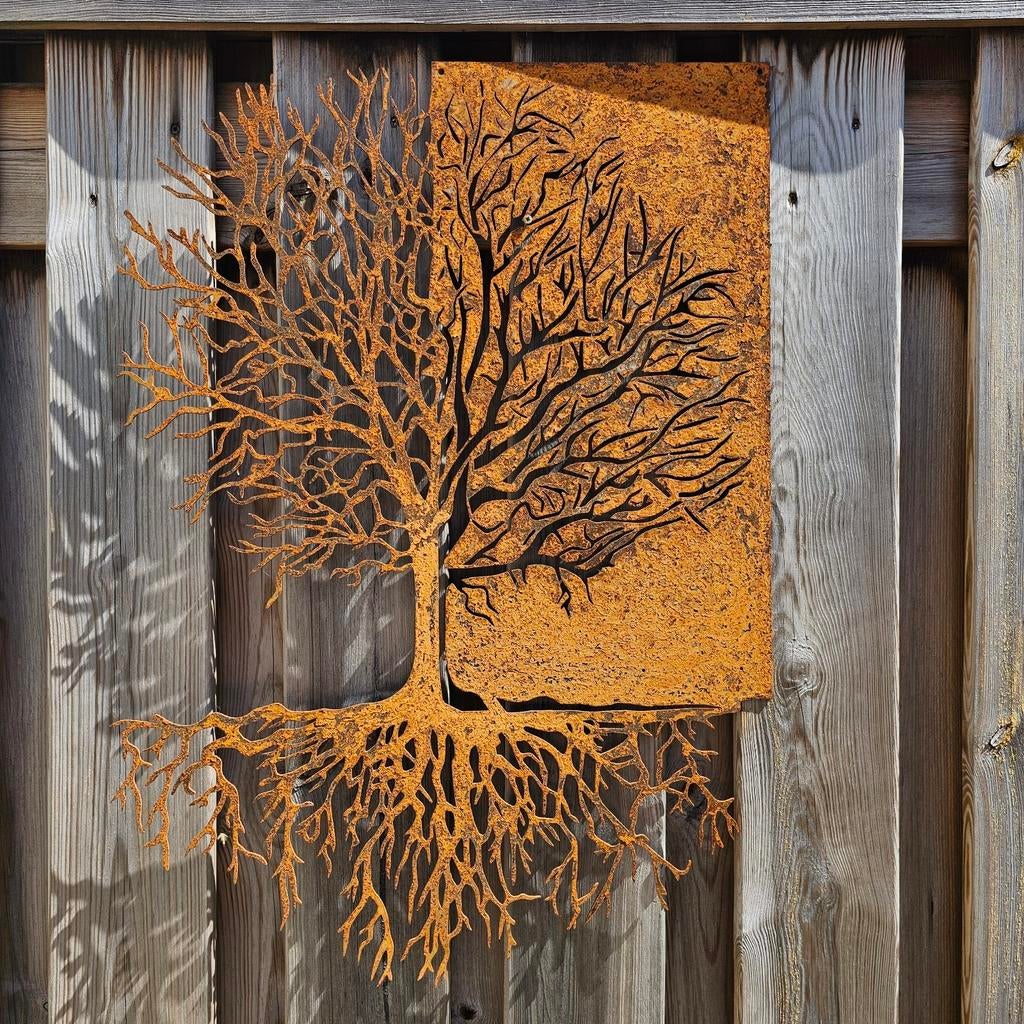 Metalen Levensboom Wanddecoratie - Geroest Staal 52x73cm, Metaal, Wandsculptuur, Industrieel, Nieuw