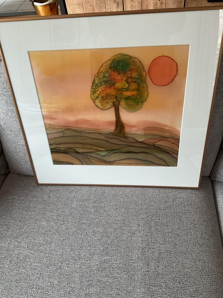 Mooi ingelijst schilderij met boom en zon, 59 x 55 cm, Ophalen of Verzenden