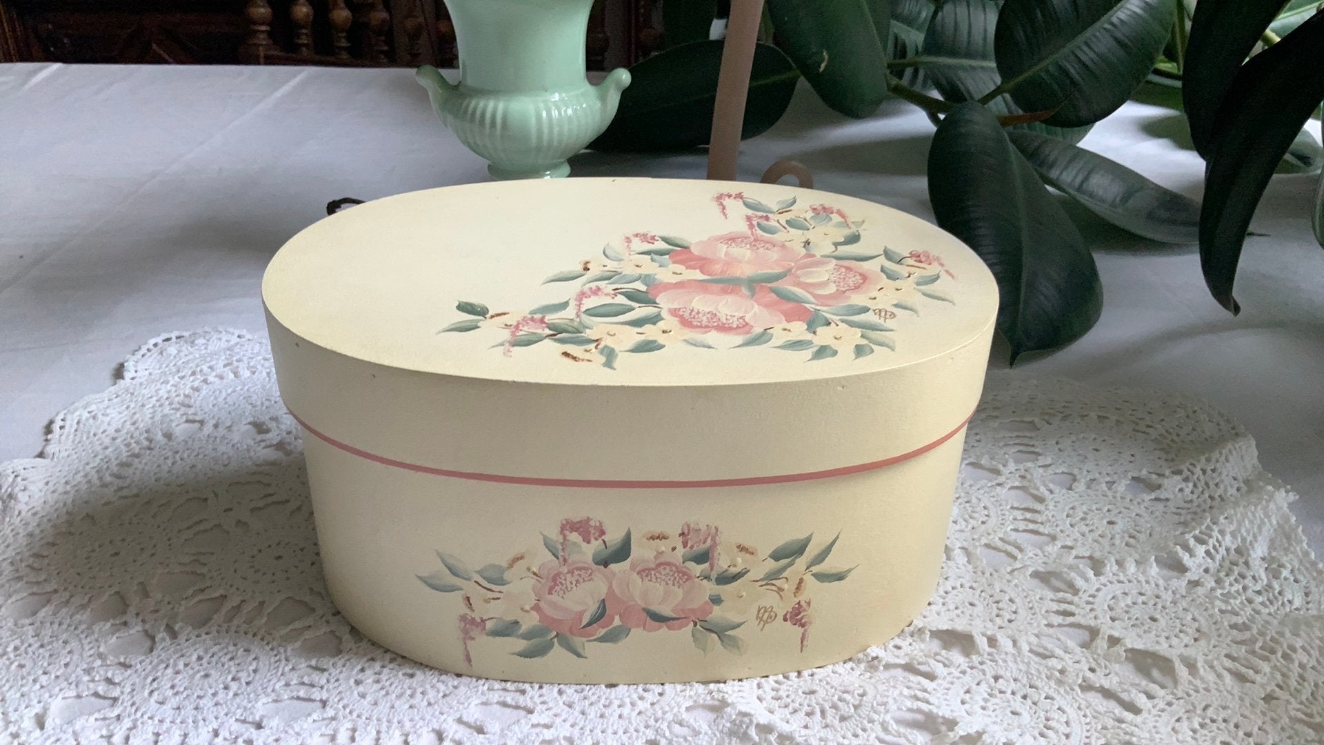 Brocante beschilderde spanen ovale doos/floraal decor, Antiek en Kunst, Ophalen of Verzenden