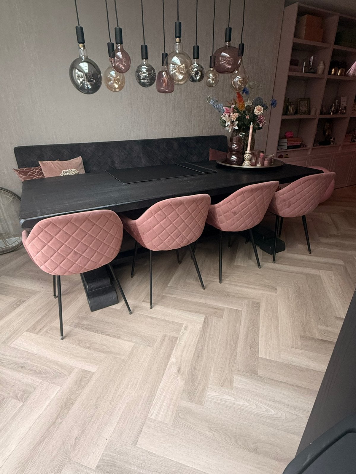 4 velvet oud roze eetkamerstoelen, Ophalen of Verzenden, Gebruikt, Ruit
