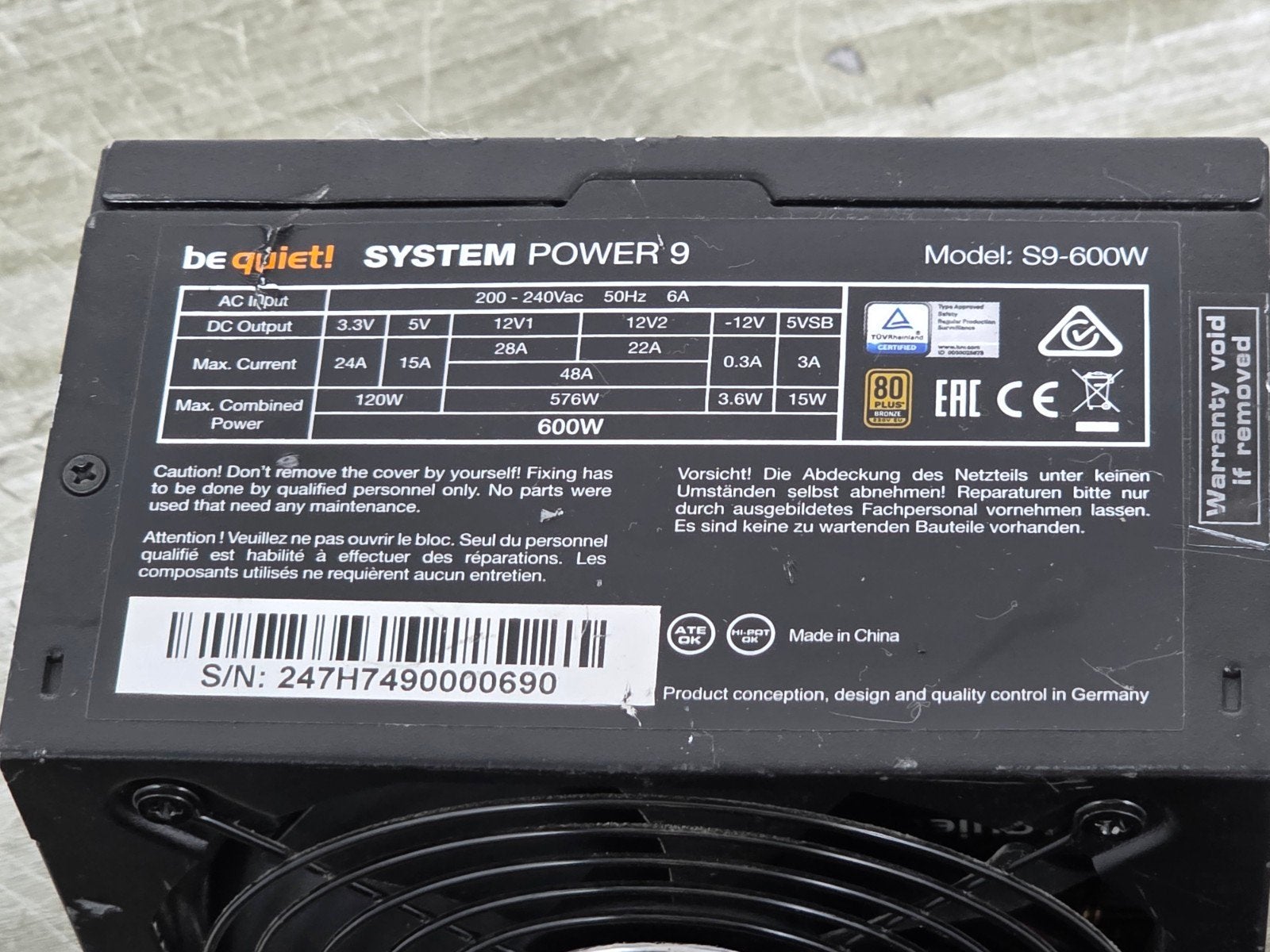 Be quiet 600w max voeding psu power supply s9-600w, Gebruikt, ., Ophalen of Verzenden, .