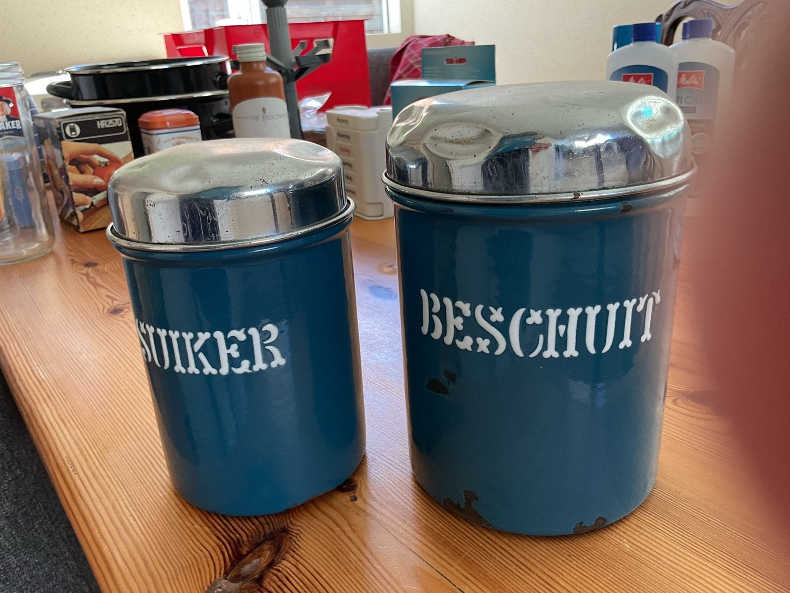 Vintage emaille voorraadpotten: Suiker en Beschuit, Ophalen
