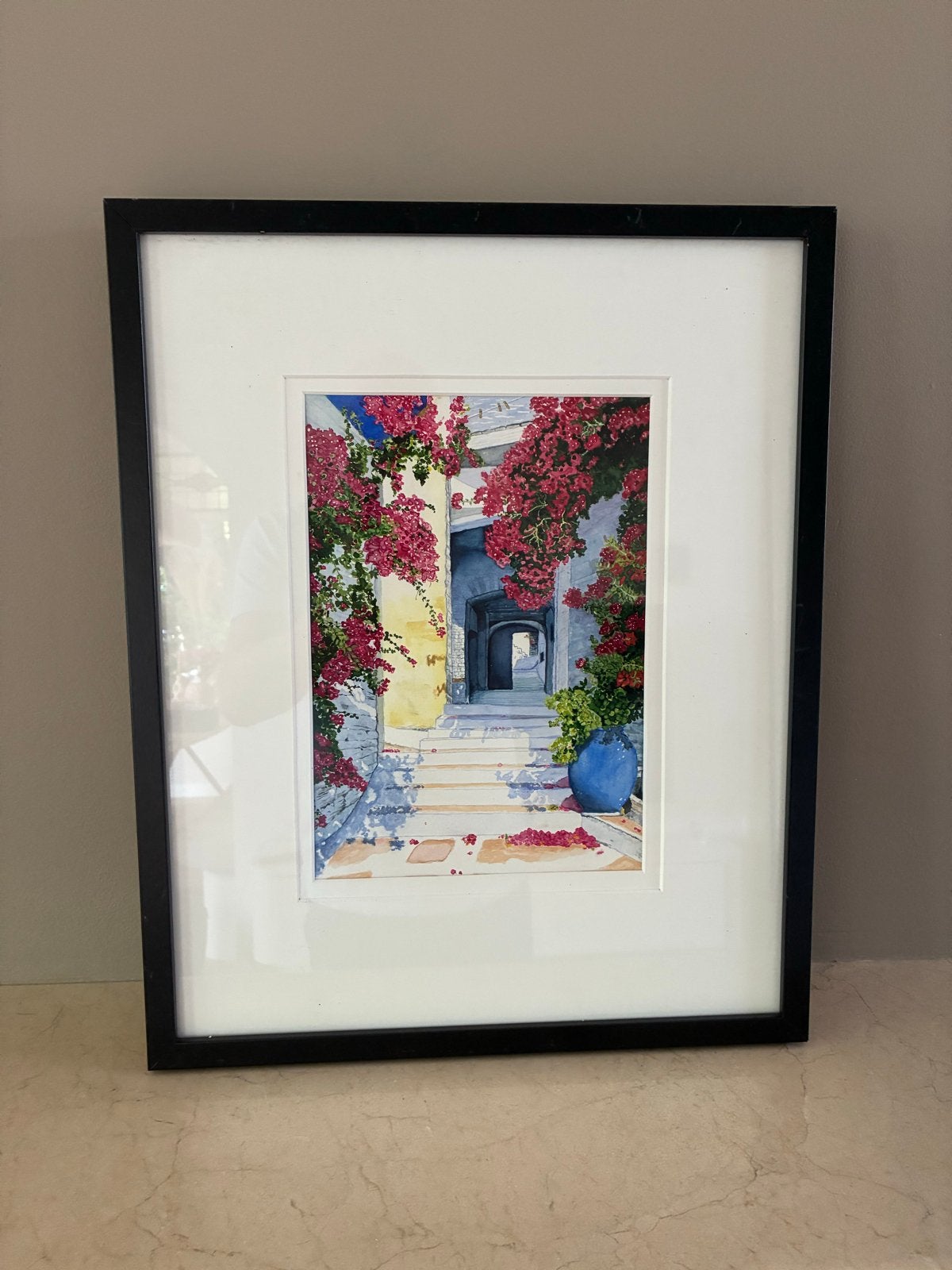Schilderij: Mediterrane doorgang met bloemen, Ophalen of Verzenden, Ingelijst, Aquarel, Landschap