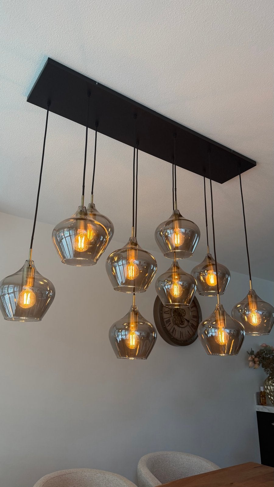 Moderne hanglamp met 10 glazen kappen - 120x25 cm, Ophalen, Zo goed als nieuw, Glas, E27 (groot)