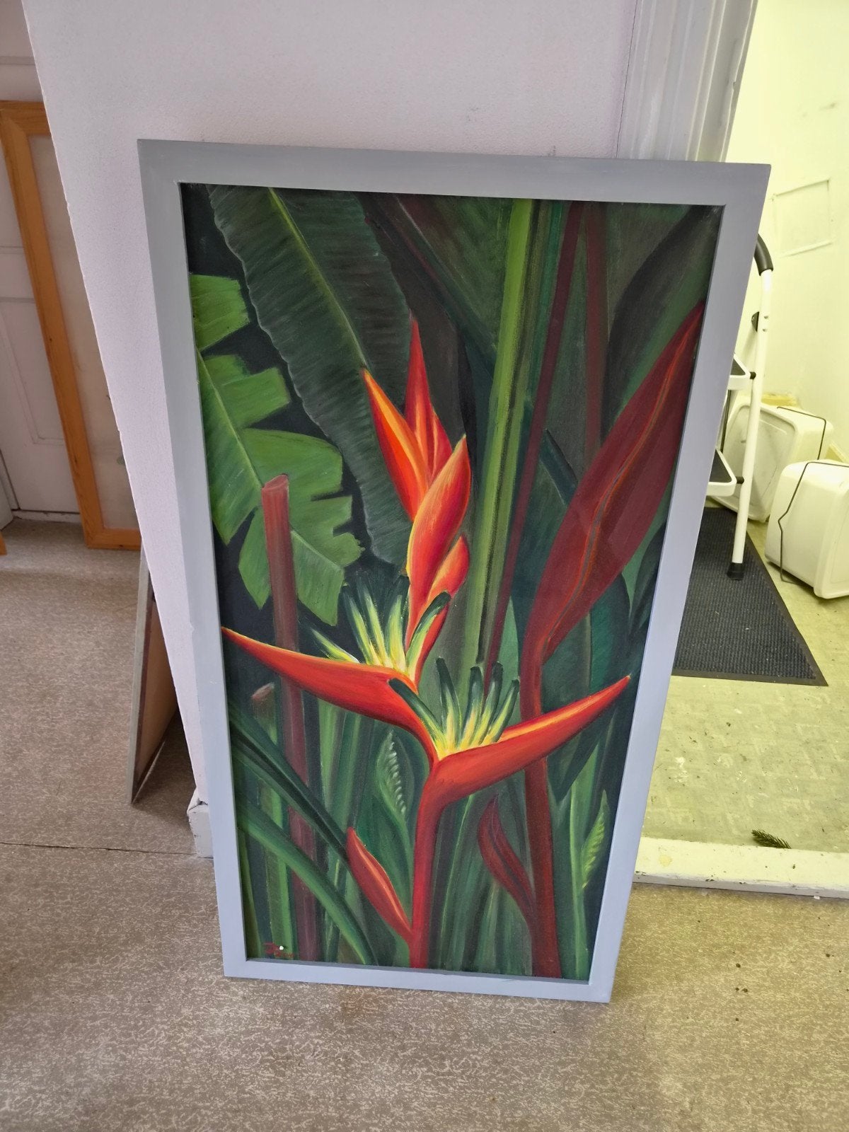Schilderij met Heliconia bloemen - Tropische kunst, Ophalen of Verzenden, Olieverf, Bloemen, Ingelijst
