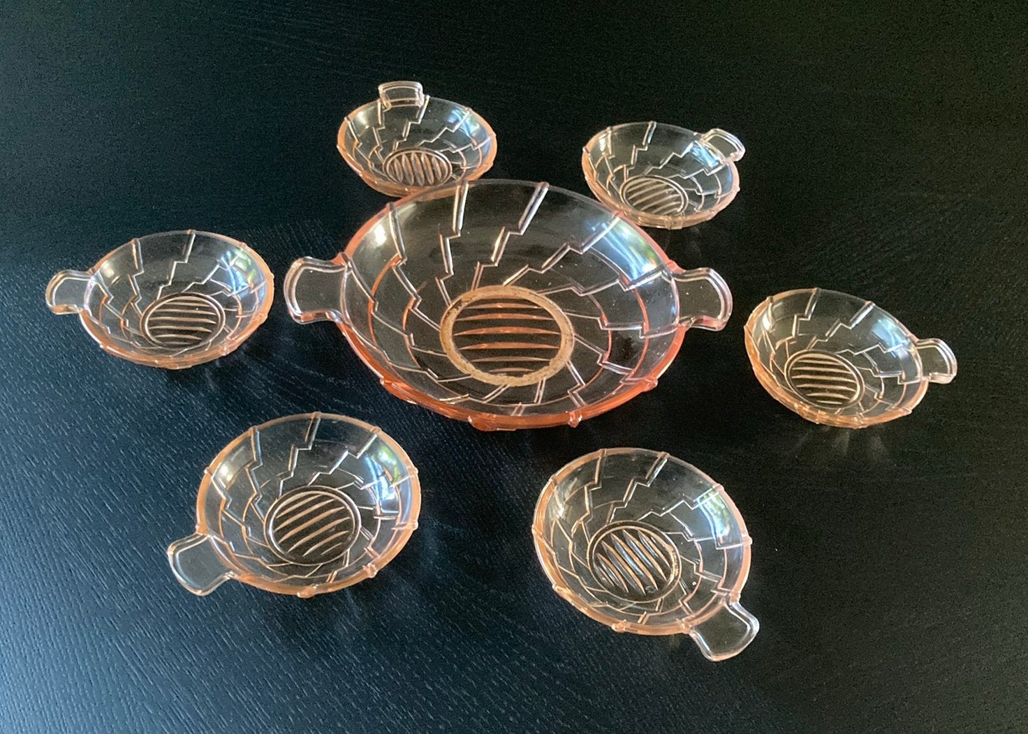 vintage Art Deco roze persglazen dessertschaalset, Ophalen of Verzenden