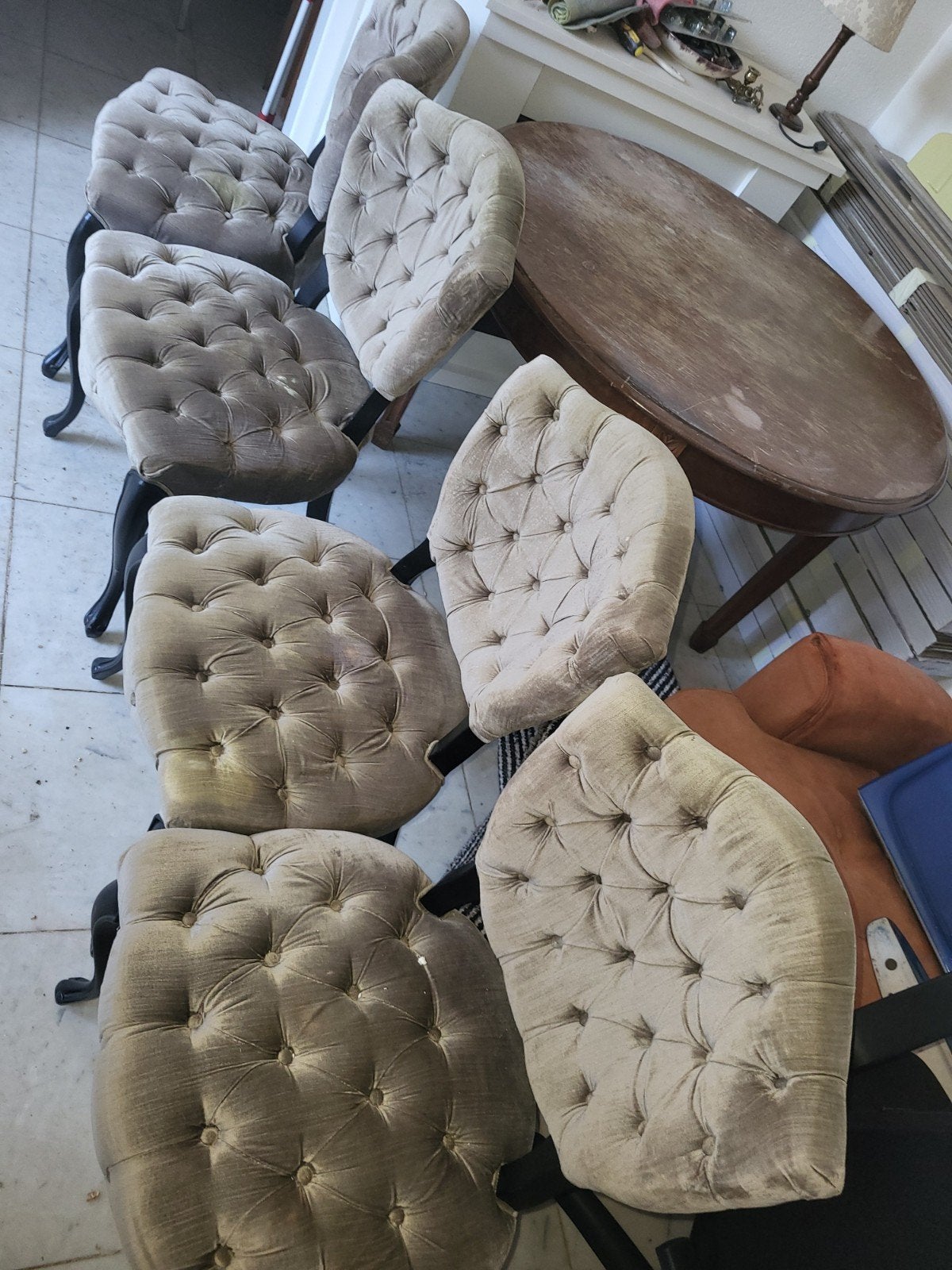 vintage eetkamerstoelen, Huis en Inrichting, Ophalen, Gebruikt, Grijs, Stof