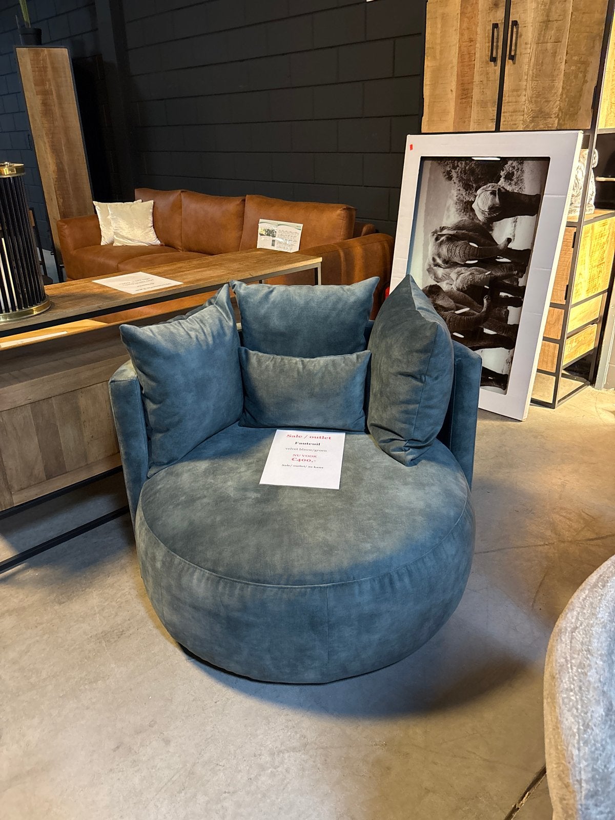 Ronde Fauteuil - 110 cm - Blauw/Groen SHOWROOM OPRUIMING, Huis en Inrichting, Fauteuils, Ophalen, Gebruikt, Stof, 100 tot 125 cm