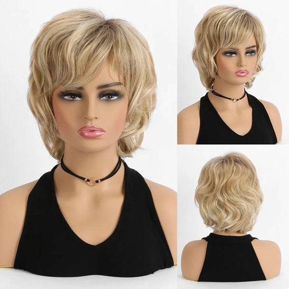 Pruik kort haar met slagen blondmix met iets donkere roots, Verzenden, Nieuw, Pruik of Haarverlenging