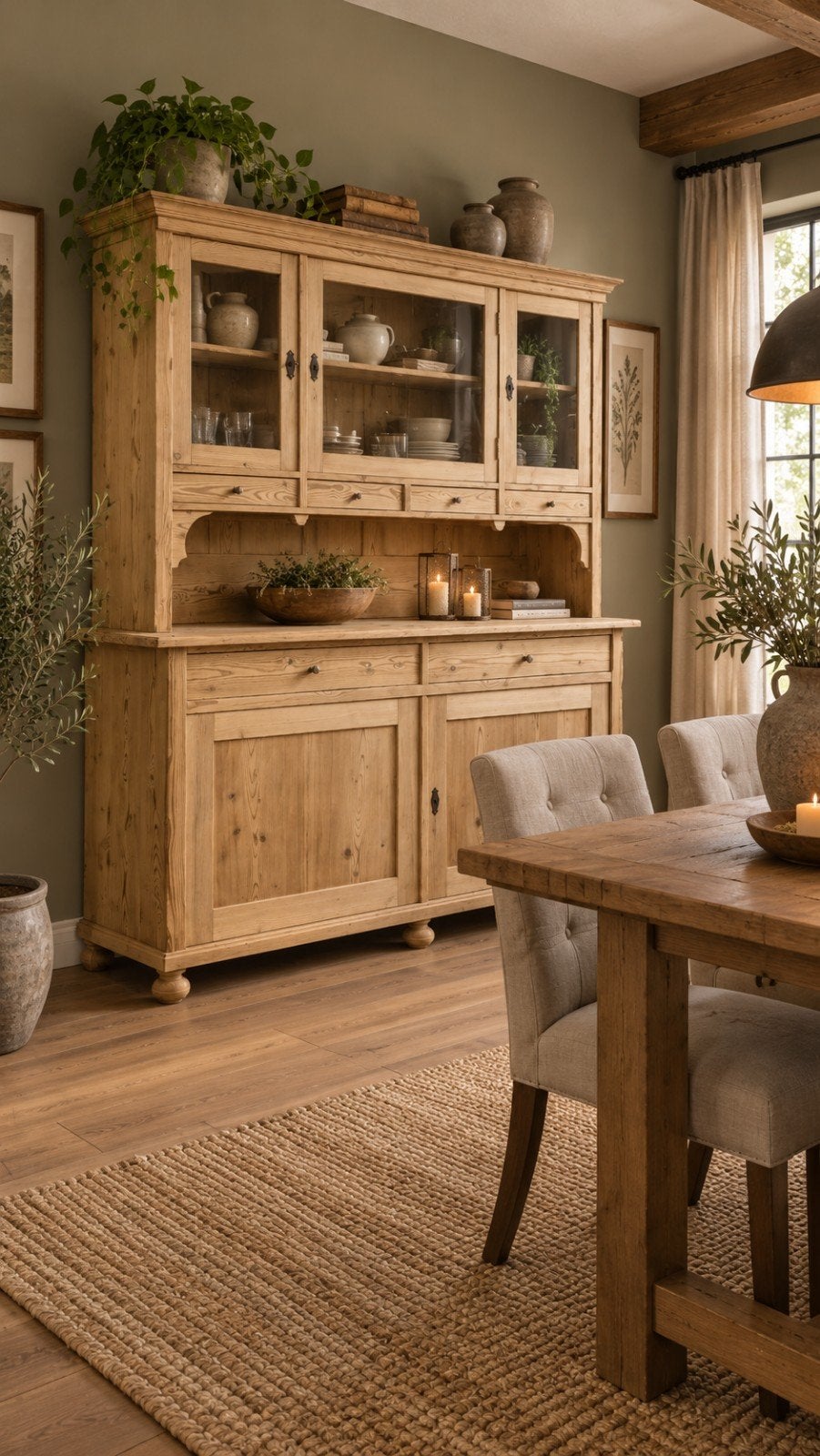 Gerestaureerde Buffetkast Grenen Hout met Vitrine