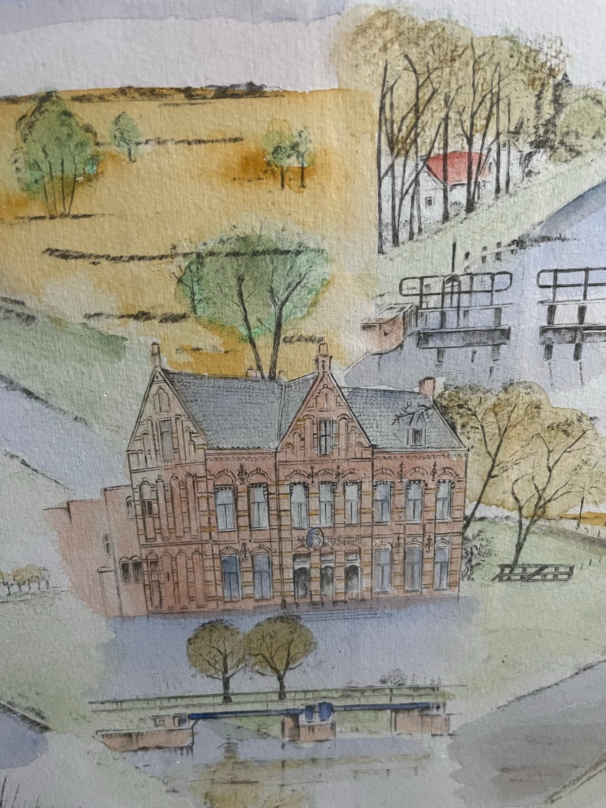 Ingelijste aquarel van een Hollands landschap, Realistisch, Ophalen of Verzenden, Gesigneerd, Aquarel